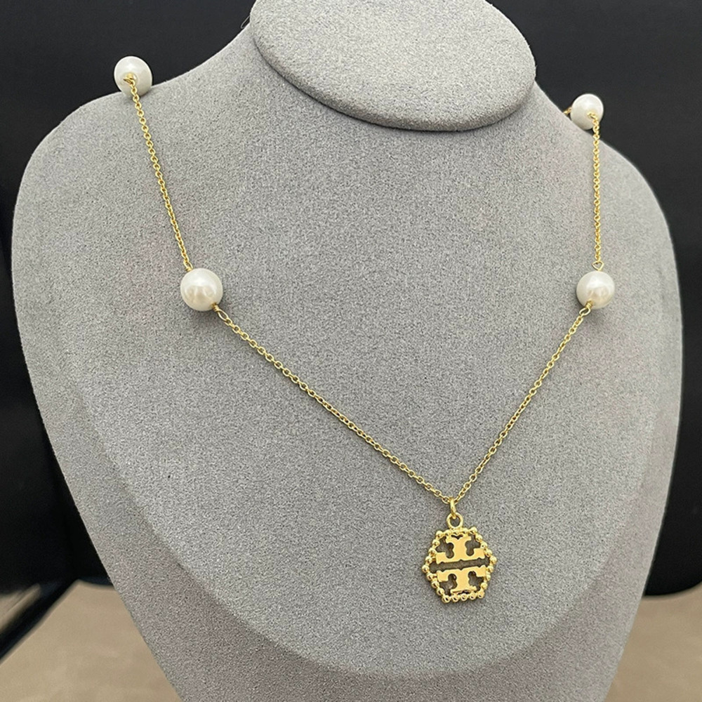 Tory Burch Gold Plated Double Faux Pearl Hexagon Necklace and Pave Bracelet Set